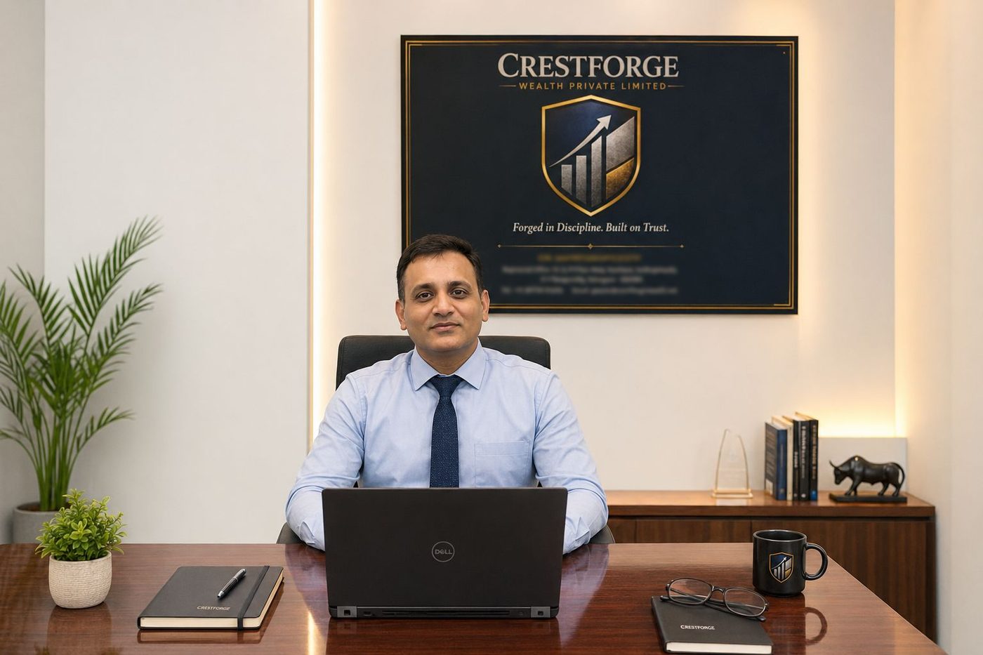 Col Gaurav Srivastav (Retd), Founder and Director of Crestforge Wealth Private Limited, at his desk beneath the Crestforge Wealth signboard.